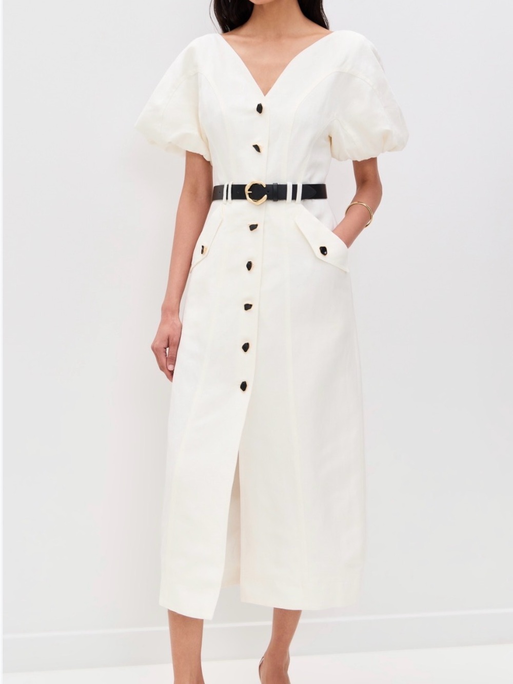AJE
Skye Utility Shirt Dress Ivory Puff-Sleeve Button-Front Midi Dress